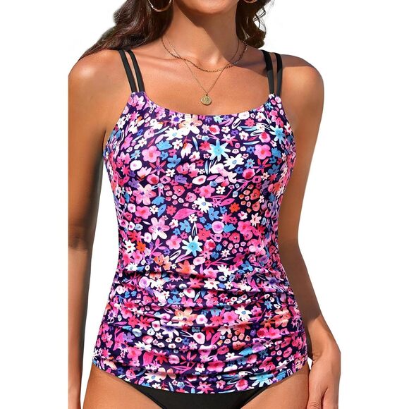 Daci Other - Pink Flower Tummy Control Tankini Top for Women - Ruched Slimming Swim Top Only